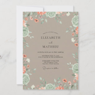Taupe Coral Wildflower Wedding Invitation