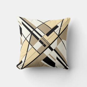 Taupe Cream Black White Diagonal Angular Art Motif Cushion