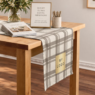 Taupe Cream Tartan Plaid Business Logo Short Table Runner
