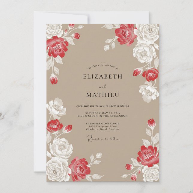 Taupe Crimson Petal Wedding Invitation (Front)
