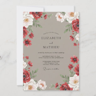 Taupe Crimson Watercolor Wedding Invitation