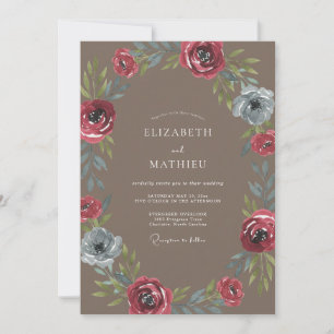 Taupe Crimson Wreath Wedding Invitation