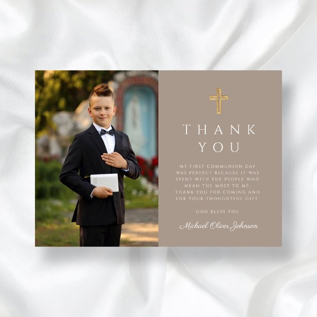 Taupe Cross Boy First Communion Photo Thank You Card (Taupe Cross Boy First Communion Photo Thank You Card)