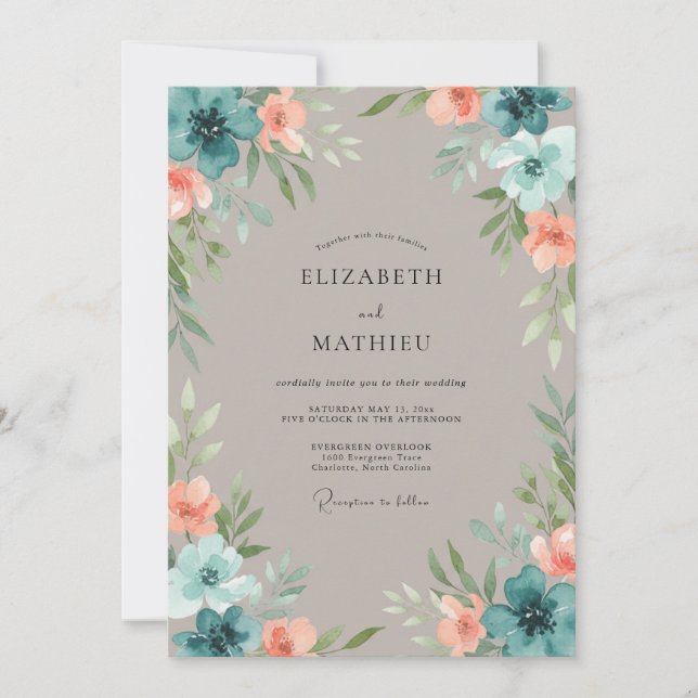 Taupe Cyan Leafy Wedding Invitation (Front)