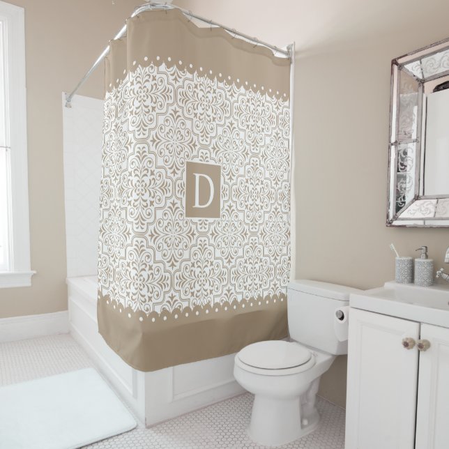 Taupe damask pattern, scalloped borders monogram shower curtain (In Situ)