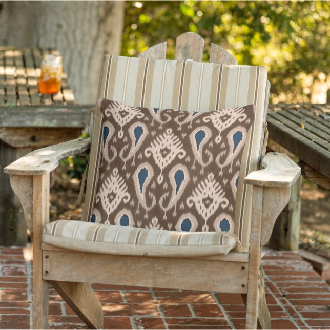 Taupe Dark Brown Navy Blue Ikat Tribal Pattern Cushion (Chair)