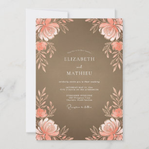 Taupe Dusty Coral Peony Wedding Invitation
