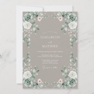 Taupe Dusty Rose Floral Wedding Invitation