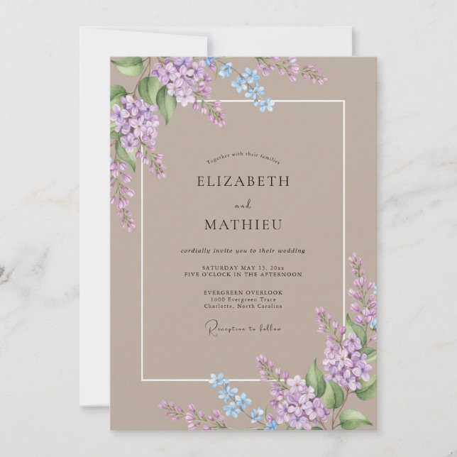Taupe Elegant Lilac Wedding Invitation (Front)