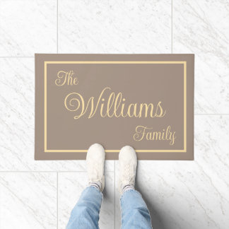 Taupe Elegant Script Family Name Welcome Gift Doormat