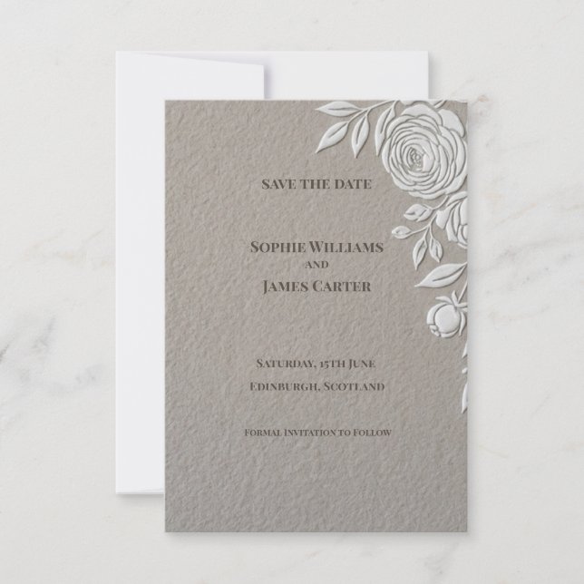 Taupe Embossed Rose Save the Date Card (Front)
