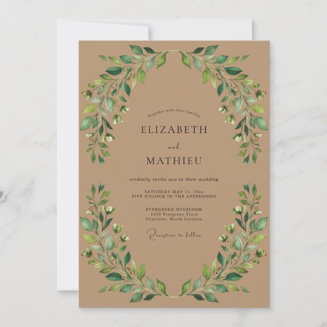 Taupe Eucalyptus Leaf Wedding Invitation (Front)