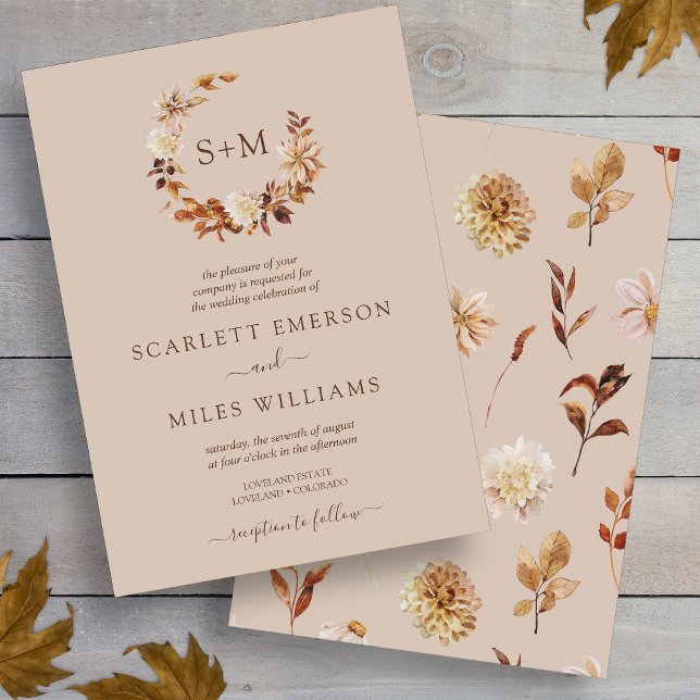 Taupe Fall Terracotta Monogram Wreath Wedding Invitation (Taupe Fall Terracotta Monogram Wreath Wedding Invitation by Painted Paperie
)