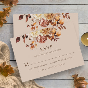 Taupe Fall Watercolor Copper Floral Wedding RSVP