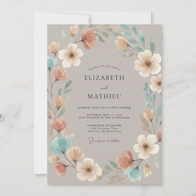 Taupe Floral Whimsical Wedding Invitation (Front)