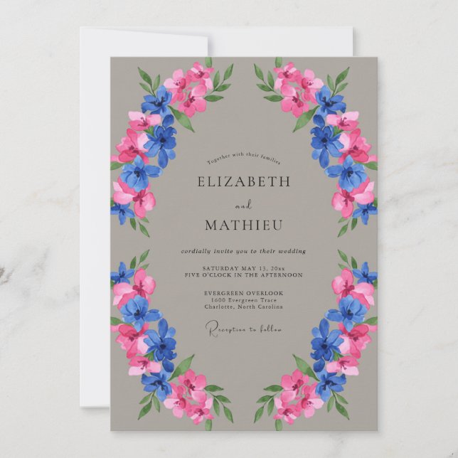 Taupe Fuchsia Azure Painted Wedding Invitation (Front)