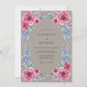 Taupe Fuchsia Ranunculus Eucalyptus Wedding Invitation