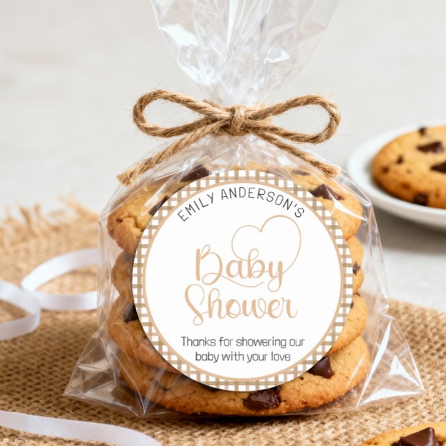 Taupe Gingham Baby Shower Favor Sticker (Baby Shower Favor Sticker)