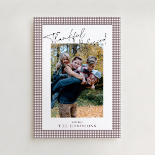 Taupe Gingham Thankful Blessed Thanksgiving Photo Invitation