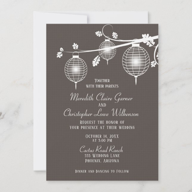 Taupe Glowing Paper Lanterns Wedding Invitation (Front)