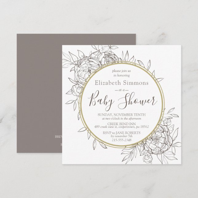 Taupe & Gold Peony Modern Floral Toile Baby Shower Invitation (Front/Back)