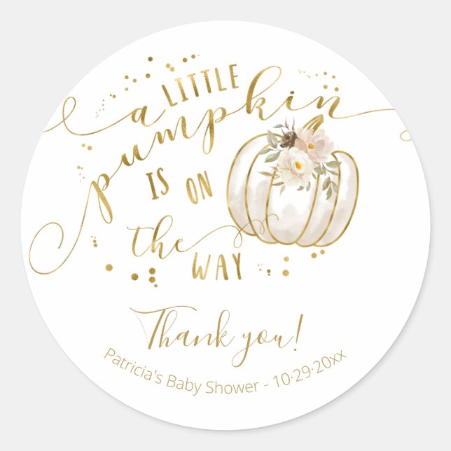 Taupe Gold Pumpkin Fall Baby Shower Thank You Classic Round Sticker (Front)
