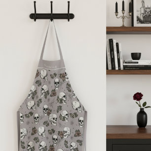 Taupe Gothic Skulls and Roses Custom Name Apron