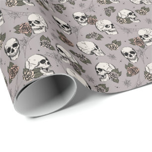 Taupe Gothic Skulls and Roses Floral Wrapping Paper