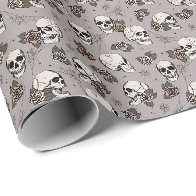 Taupe Gothic Skulls and Roses Floral Wrapping Paper (Roll Corner)