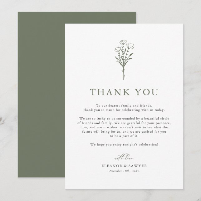 Taupe Green Boho Minimalist Botanicals Wedding Thank You Card (Front/Back)