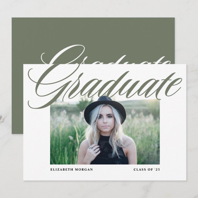 Taupe Green Bold Calligraphy Photo Graduation Invitation (Front/Back)