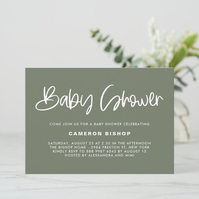 Taupe Green Cute Modern Calligraphy Baby Shower Invitation (Standing Front)