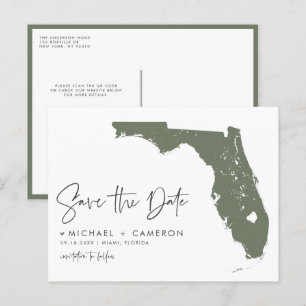 Taupe Green Florida Map QR Code Save the Date Announcement Postcard