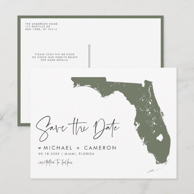 Taupe Green Florida Map QR Code Save the Date Announcement Postcard (Front/Back)
