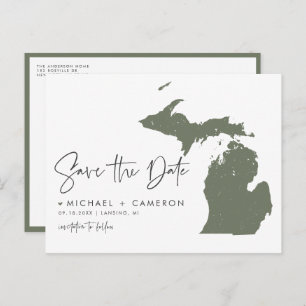 Taupe Green Michigan Map QR Code Save the Date Announcement Postcard