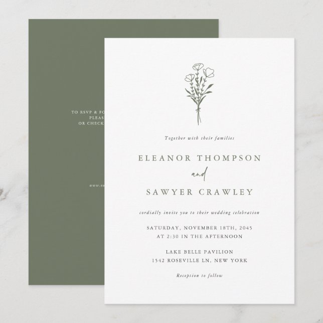 Taupe Green Minimalist Bouquet QR Code Wedding Invitation (Front/Back)