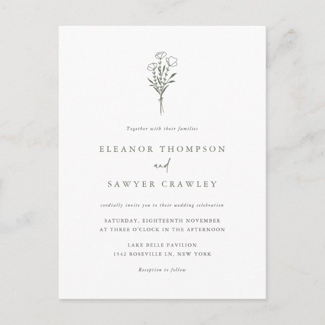 Taupe Green Minimalist Bouquet QR Code Wedding Invitation Postcard (Front)