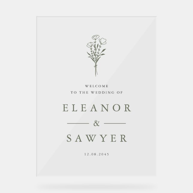 Taupe Green Minimalist Floral Bouquet Wedding Acrylic Sign (Front)