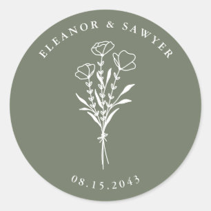 Taupe Green Minimalist Floral Bouquet Wedding Classic Round Sticker