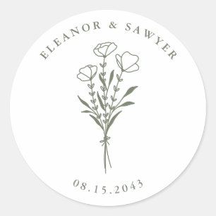Taupe Green Minimalist Floral Bouquet Wedding Classic Round Sticker