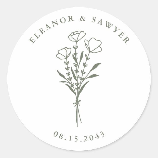 Taupe Green Minimalist Floral Bouquet Wedding Classic Round Sticker (Front)