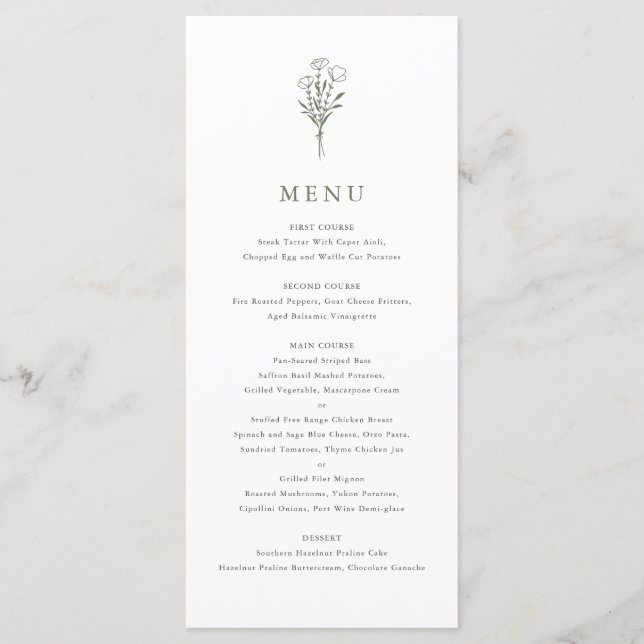 Taupe Green Minimalist Floral Bouquet Wedding Menu (Front)