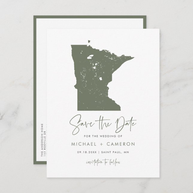 Taupe Green Minnesota Map QR Code Save the Date Announcement Postcard (Front/Back)