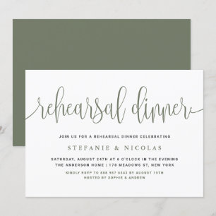 Taupe Green Pretty Calligraphy Rehearsal Dinner Invitation