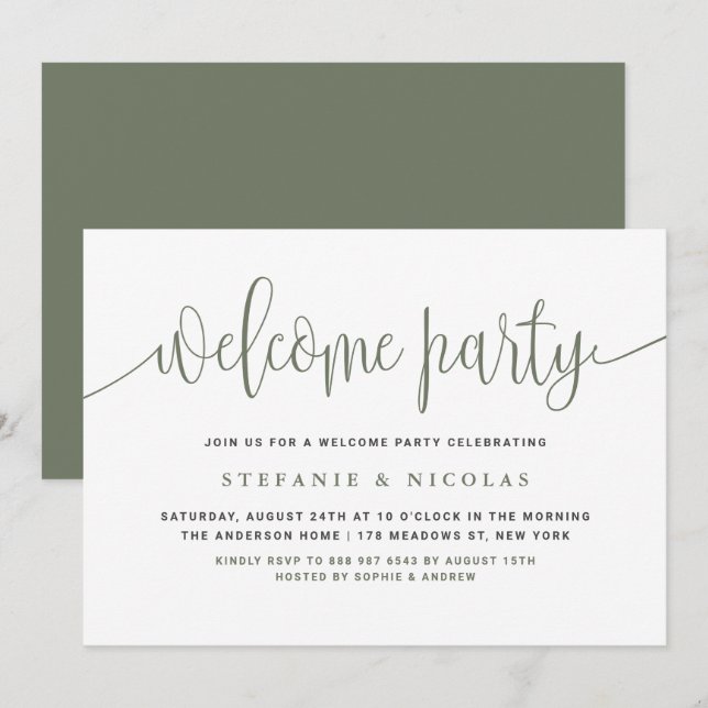Taupe Green Pretty Calligraphy Welcome Party Invitation (Front/Back)