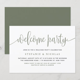 Taupe Green Pretty Calligraphy Welcome Party Invitation