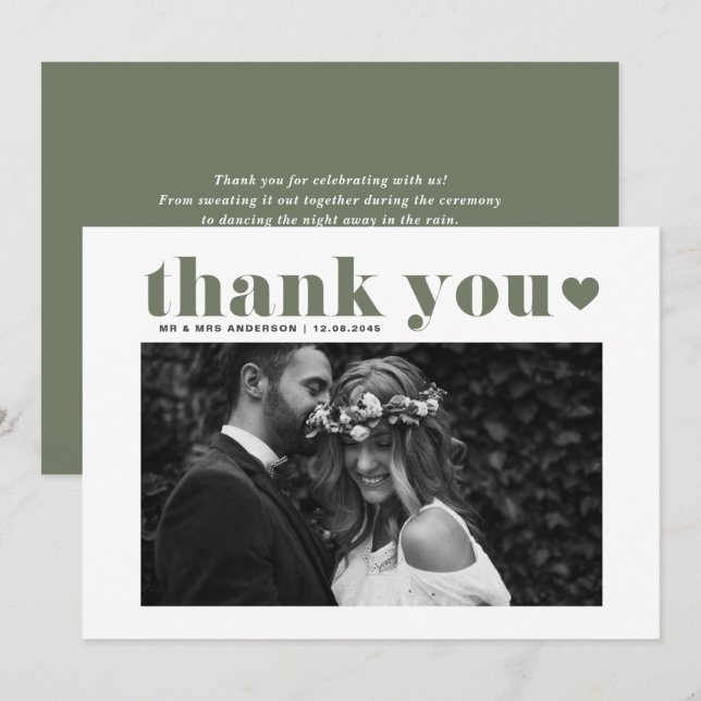 Taupe Green Retro Bold Typography Photo Wedding Thank You Card (Front/Back)