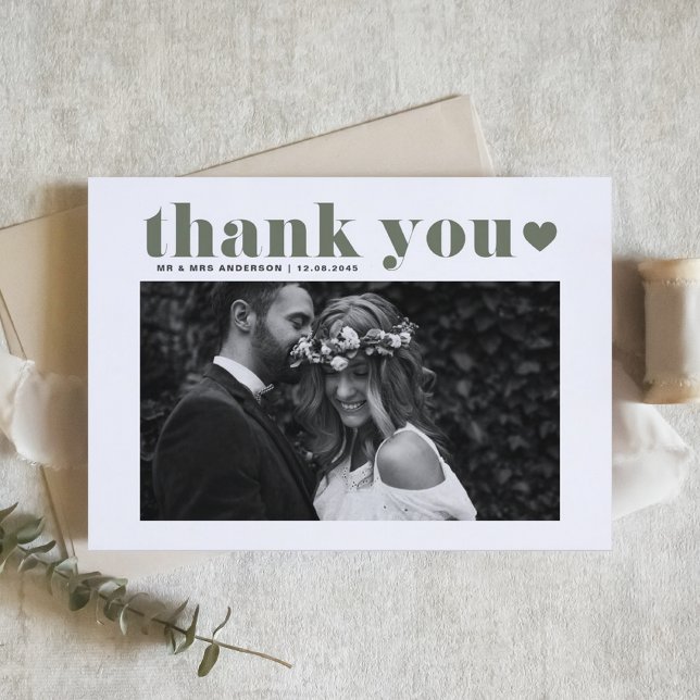 Taupe Green Retro Bold Typography Photo Wedding Thank You Card (Taupe Green Retro Bold Typography Photo Wedding Thank You Card)