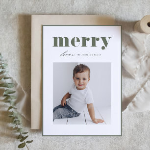 Taupe Green Retro Merry Typography Photo Christmas Holiday Card