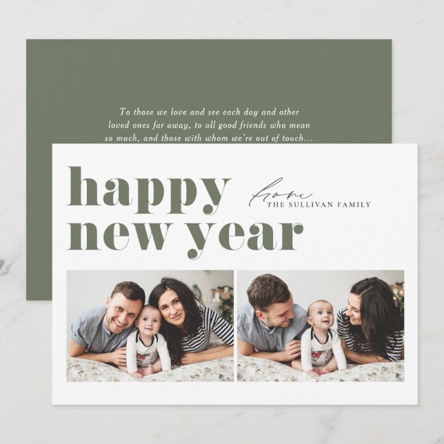 Taupe Green Retro Typography Photo Happy New Year Holiday Card (Front/Back)
